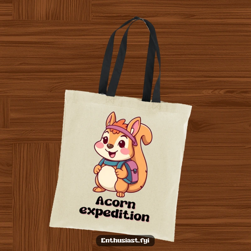 Funny tote bag featuring a cheerful squirrel character with a backpack, ready for adventure and perfect for carrying daily necessities.