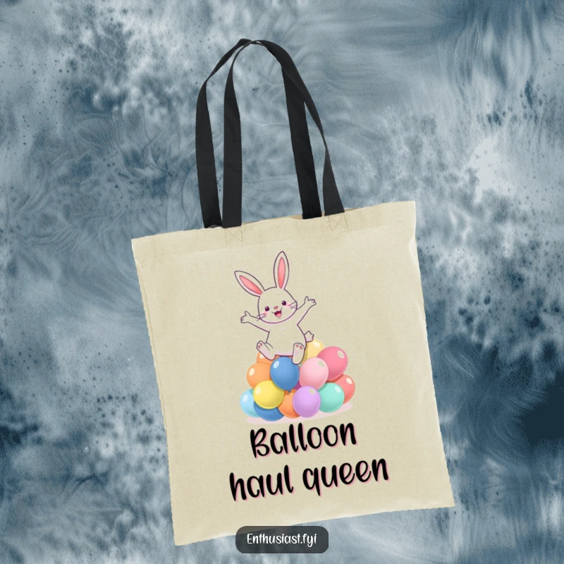 Funny tote bag featuring a rabbit leaping over colorful balloons, promoting celebration and festive themes.