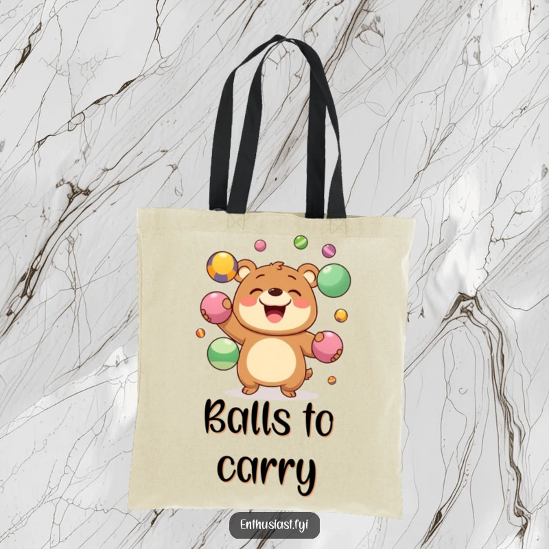 Funny Tote Bag depicting a joyous bear character grinning while juggling multiple colorful balls, a humorous crafter accessory.