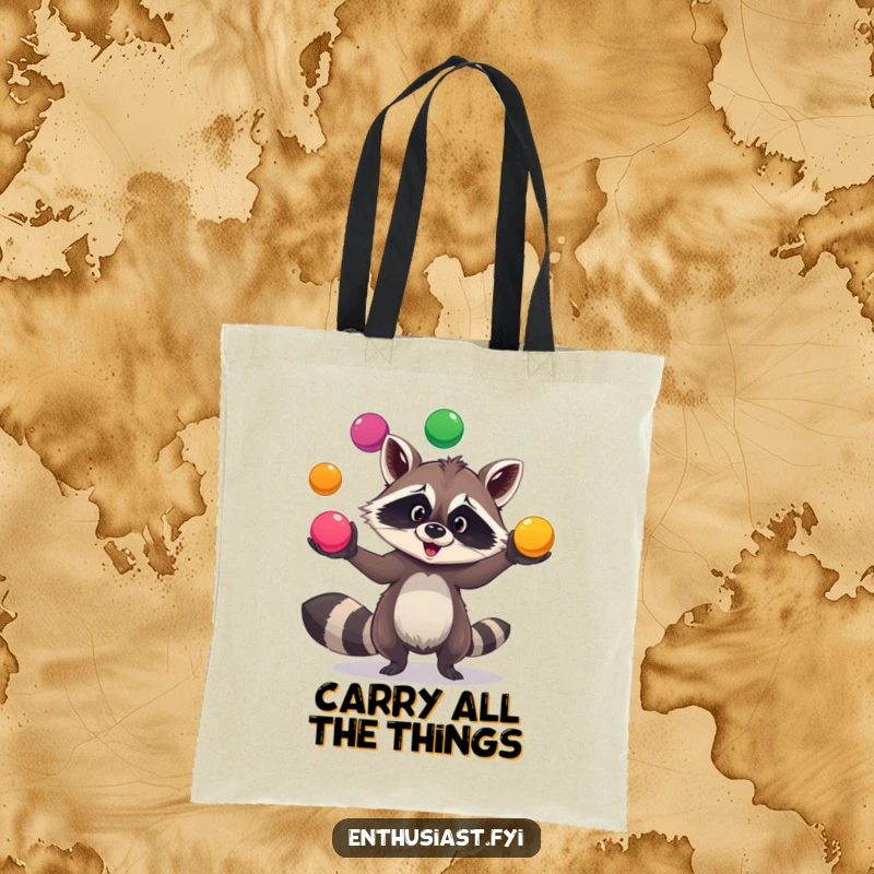 Funny raccoon juggling tote bag showcases a goofy raccoon skillfully tossing colorful balls, perfect for carrying daily necessities.