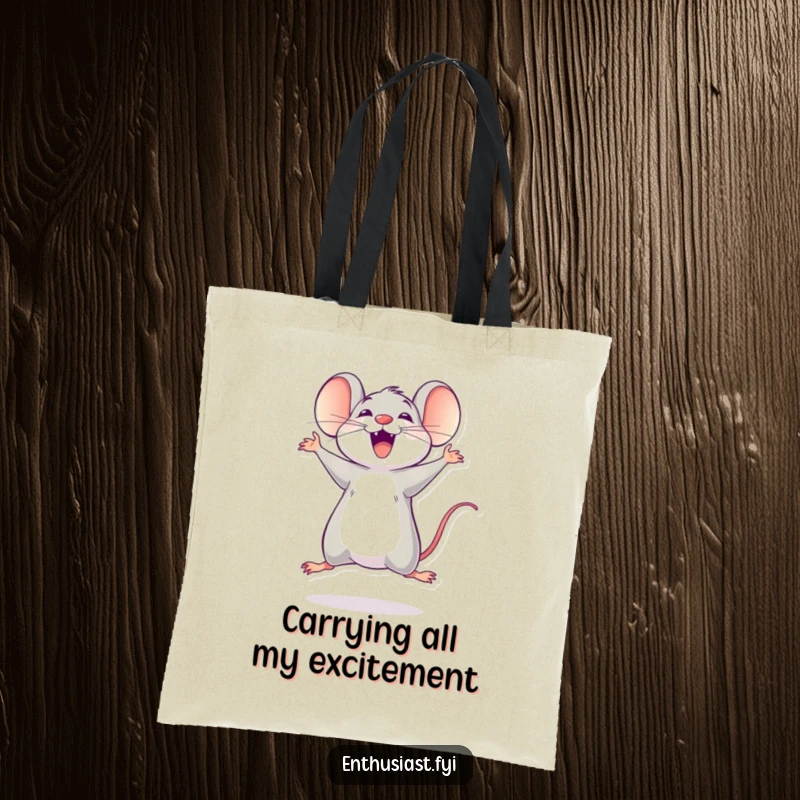 Funny mouse tote bag featuring a delighted character jumping up and down with infectious excitement. Humorous.