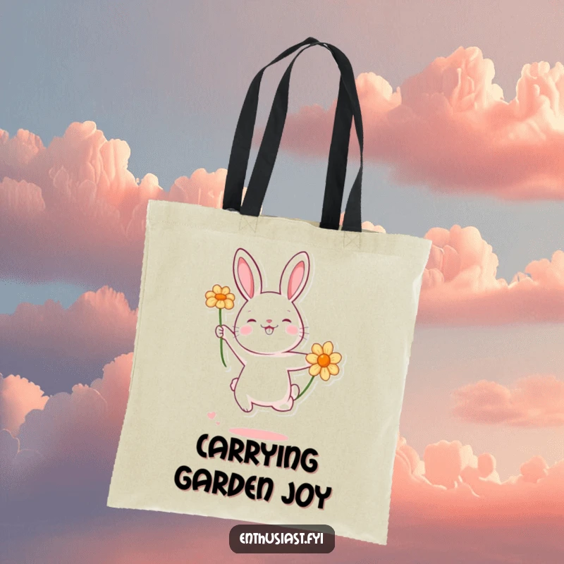 Funny rabbit leaping with excitement to grab a flower, a charming tote bag design for everyday use and laughter.