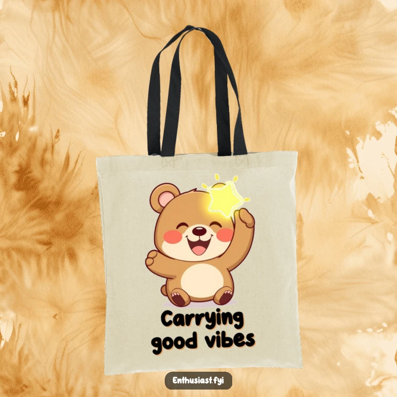 Funny bear tote bag with a joyful bear, wide grin, holding a glowing, imagined item.