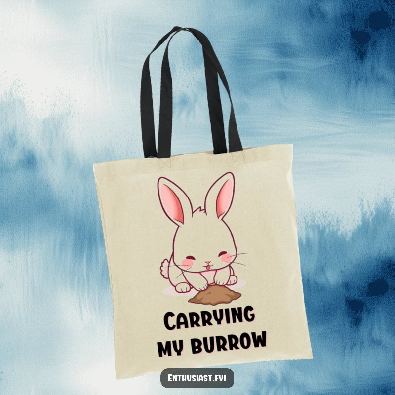 Funny rabbit tote bag with a playful bunny's twitching ears, enthusiastically digging a small hole, a whimsical accessory.
