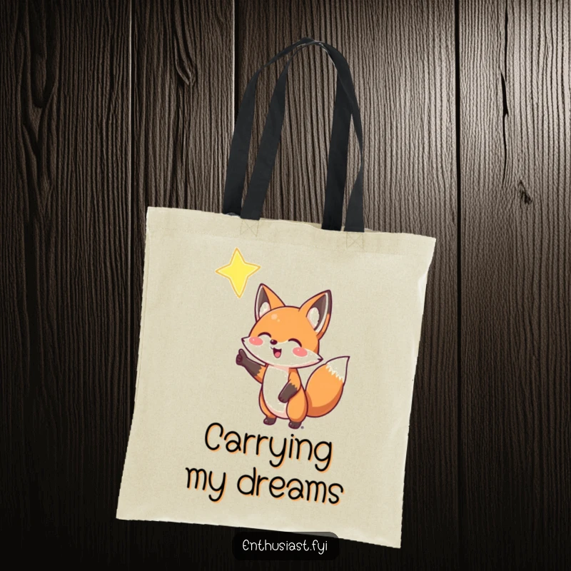 Funny Fox Tote Bag: A bright-eyed fox enthusiastically points to a shining star, perfect for carrying dreams and essentials, a funny gift.