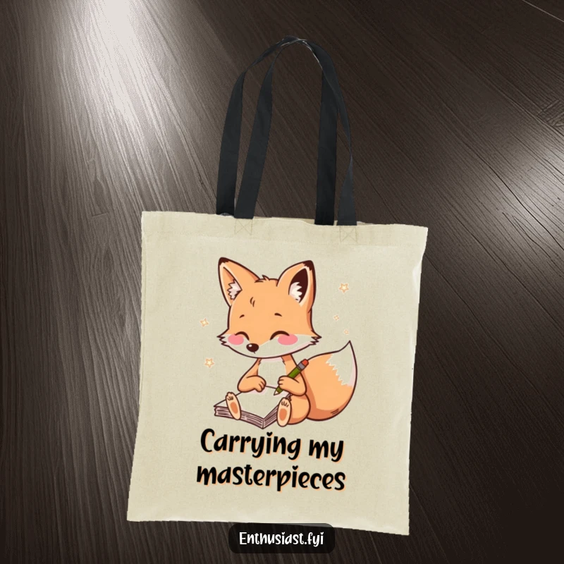 Funny fox tote bag, a playful fox with a notebook sketching rapidly, a stylish and humorous accessory.