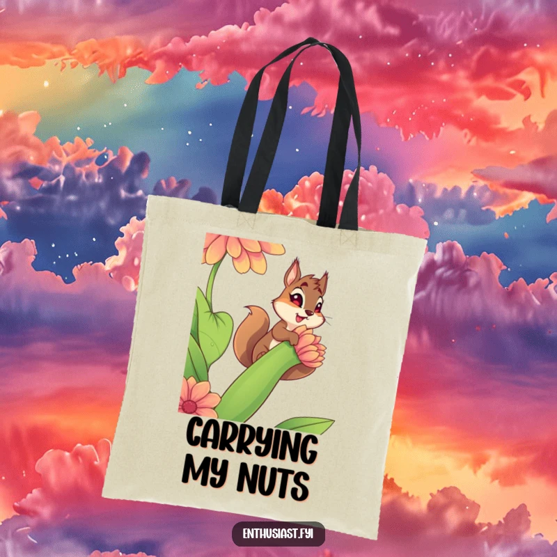 Funny tote bag with a determined squirrel climbing a vibrant flower stem, perfect for carrying adventure gear or daily items.