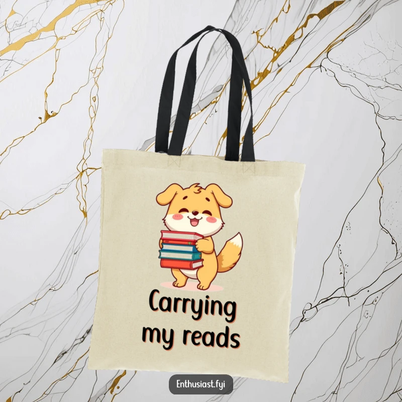 Funny tote bag with a happy dog character with a wagging tail, excitedly holding a large pile of books.