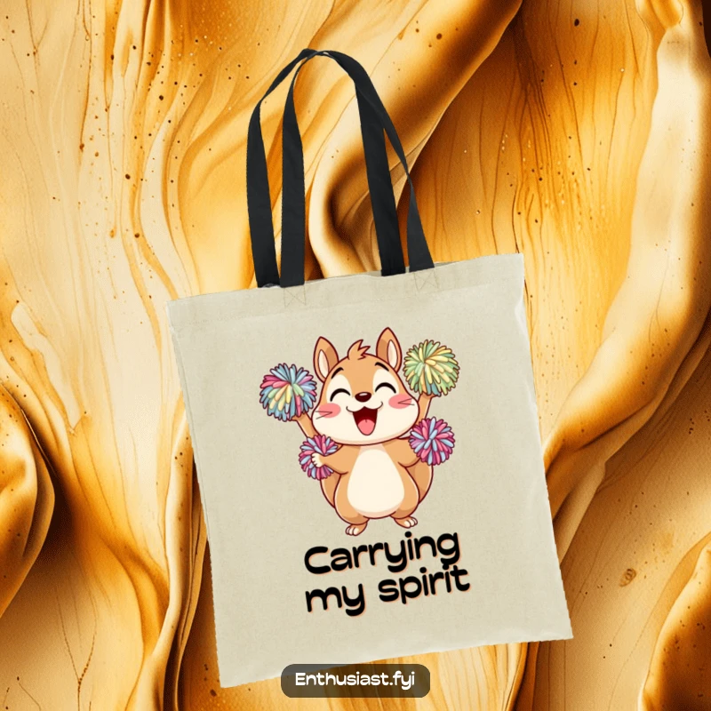 Funny Tote Bag: A squirrel character enthusiastically cheering with pom-poms, perfect for carrying fan gear and essentials.