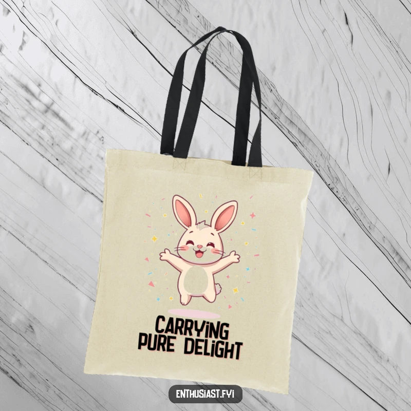 Funny tote bag printed with a playful rabbit character jumping joyfully, surrounded by a celebration of sparkling confetti, full of energy.
