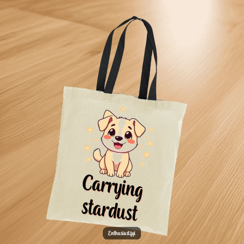 Funny tote bag with a delighted dog wagging its tail among stars, representing joy and a carefree spirit.