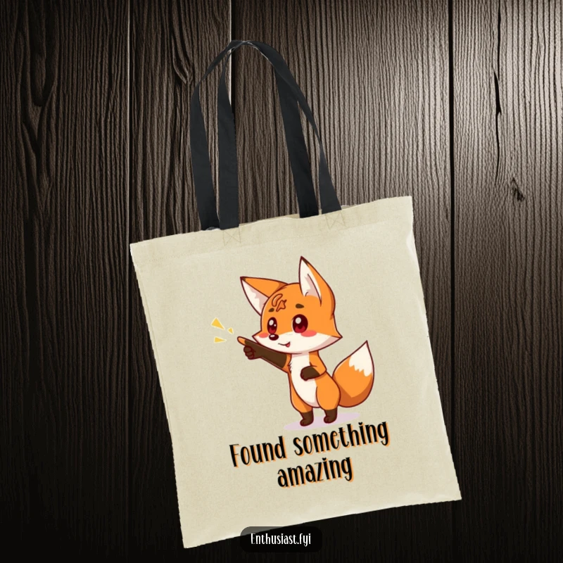 Funny tote bag featuring a curious fox character pointing excitedly at a bright, glowing sign, emphasizing discovery and direction.