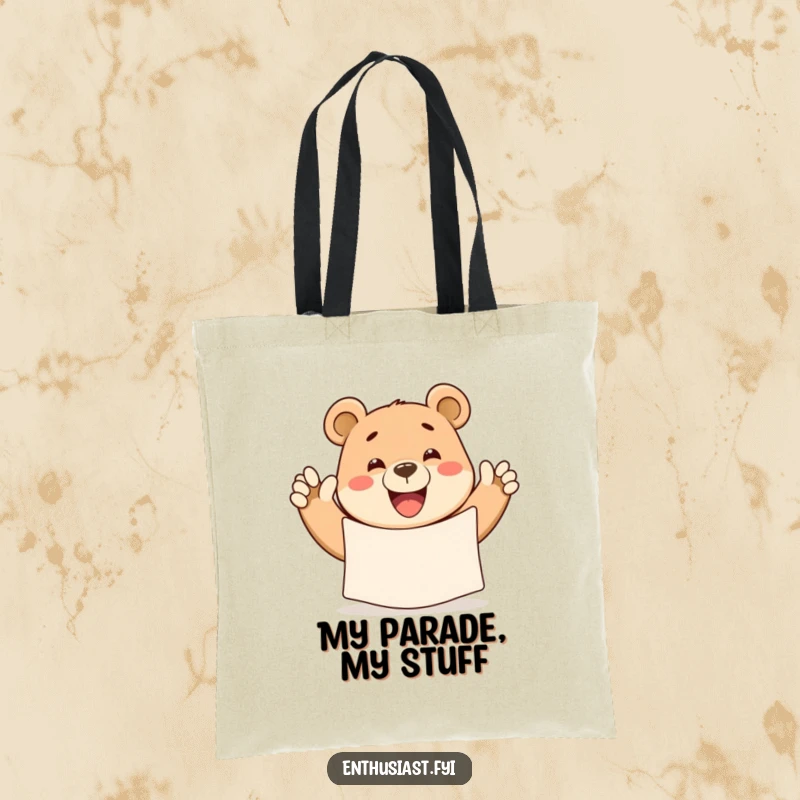 Funny bear tote bag, a happy bear with a big grin waving a banner, great for carrying essentials with humor.