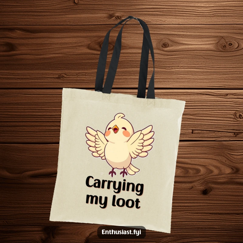 Funny bird tote bag with a delighted bird swooping towards a shiny object, ready to collect treasures with enthusiasm.