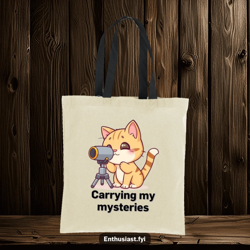 Funny cat tote bag with a character peering through a telescope, perfect for carrying daily items.