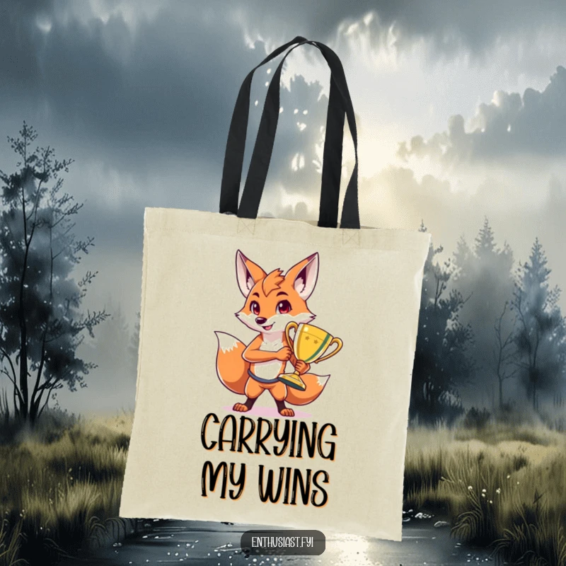 Funny tote bag featuring a proud fox character posing with a giant, shiny trophy, perfect for carrying daily items with a victorious flair.