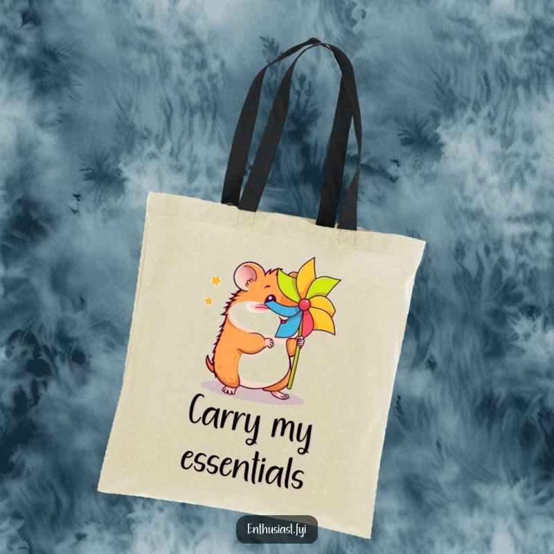 Funny hamster pinwheel tote bag shows an energetic hamster enthusiastically spinning a colorful pinwheel, perfect for carrying fun.
