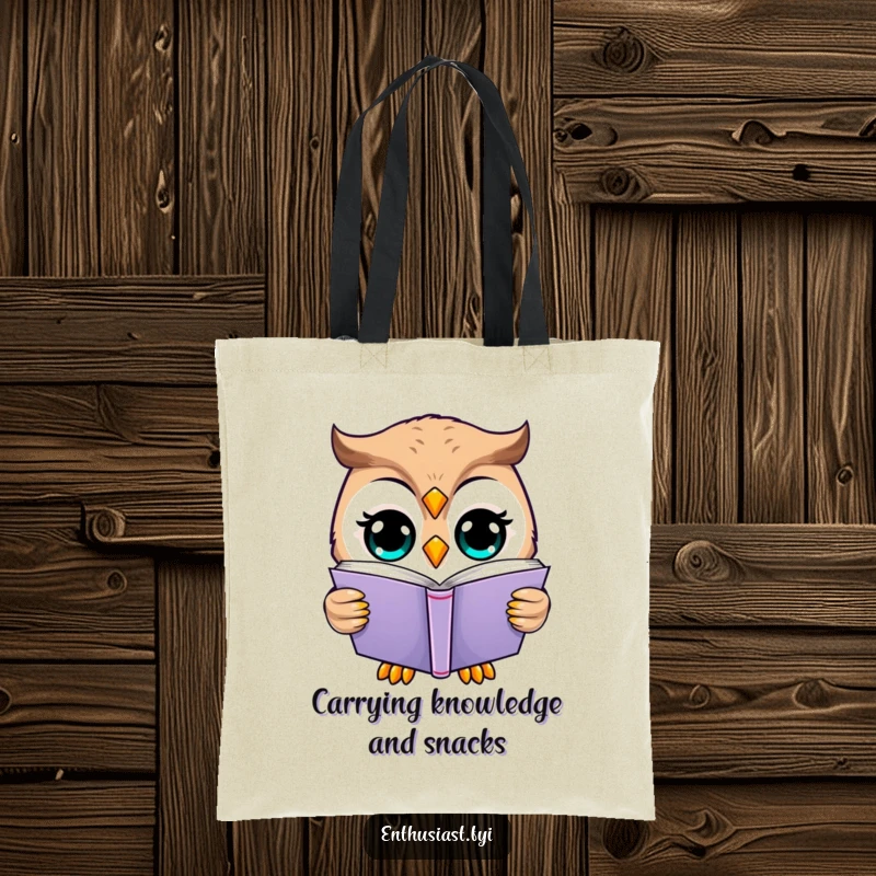 Funny owl tote bag featuring a happy owl reading a large book, perfect for bookish adventures. Humorous.
