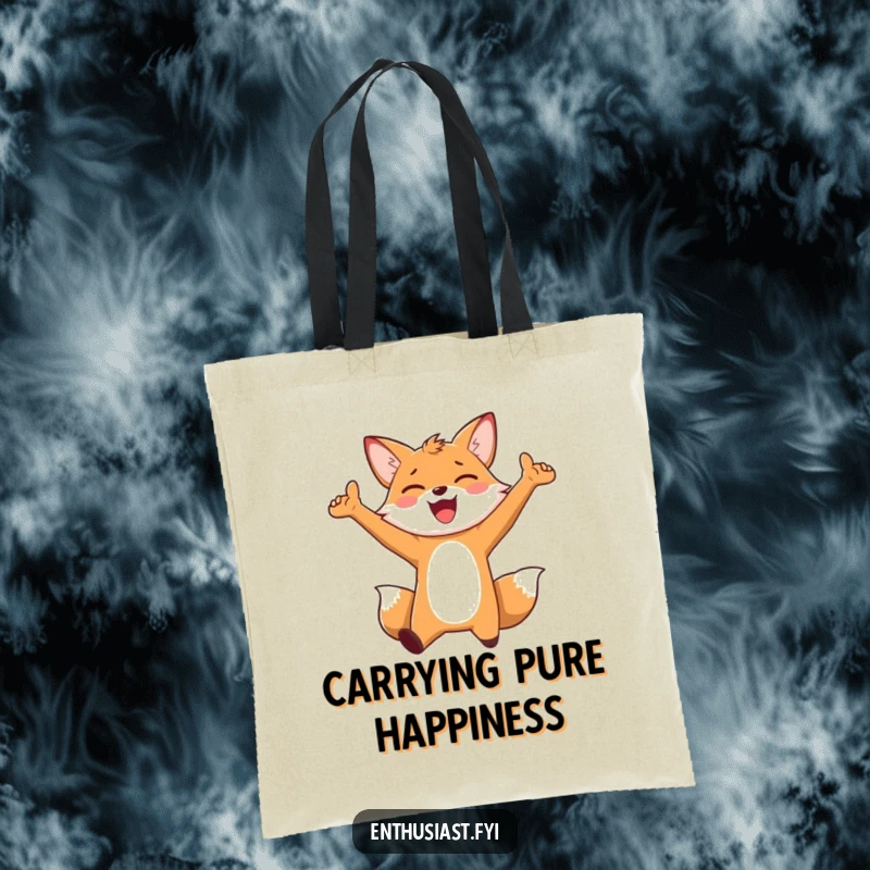Funny Tote Bag: An enthusiastic fox character jumping for joy with arms outstretched, perfect for carrying daily essentials with cheer.