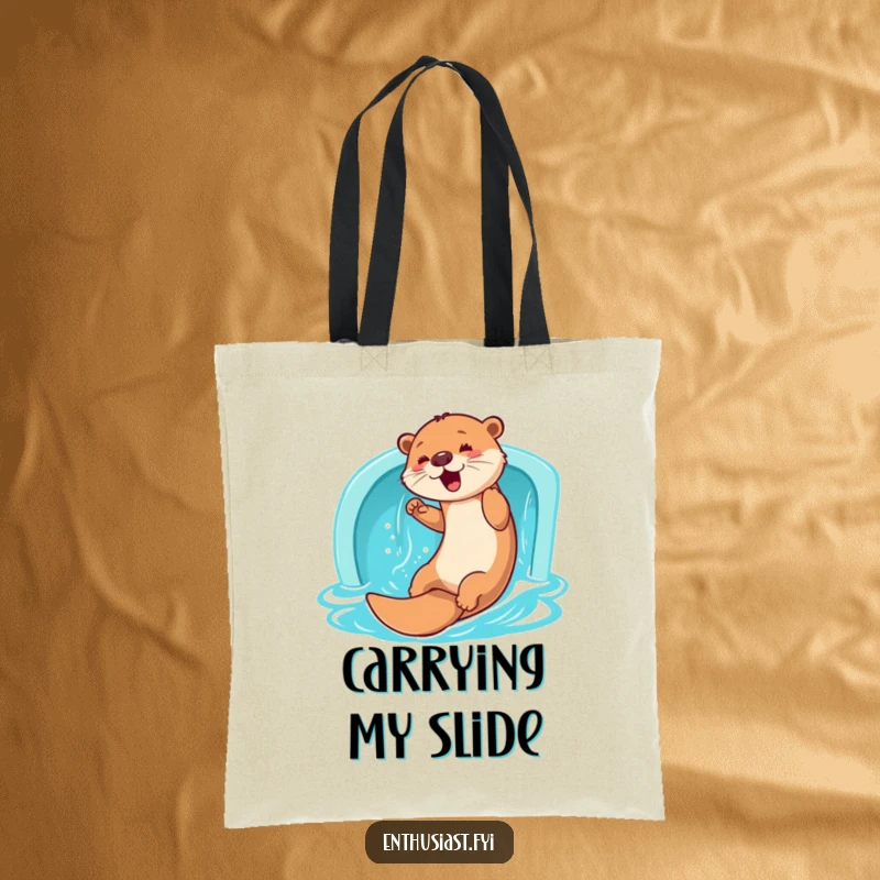 Funny Otter Tote Bag: A playful otter enthusiastically slides down a water slide, perfect for carrying beach gear with aquatic style, a funny gift.