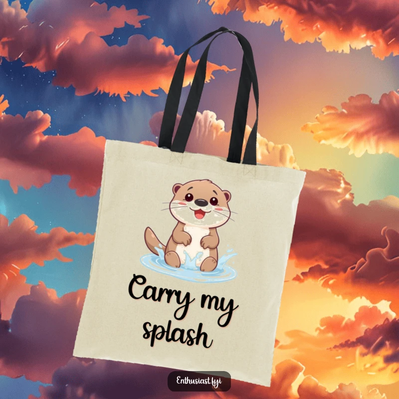 Funny tote bag featuring a happy otter character splashing gleefully in a tiny, sparkling puddle. Practical and full of whimsy.