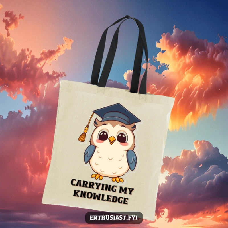 Funny tote bag featuring a beaming owl wearing a graduation cap, looking up with hopeful excitement, perfect for carrying essentials with scholastic flair.