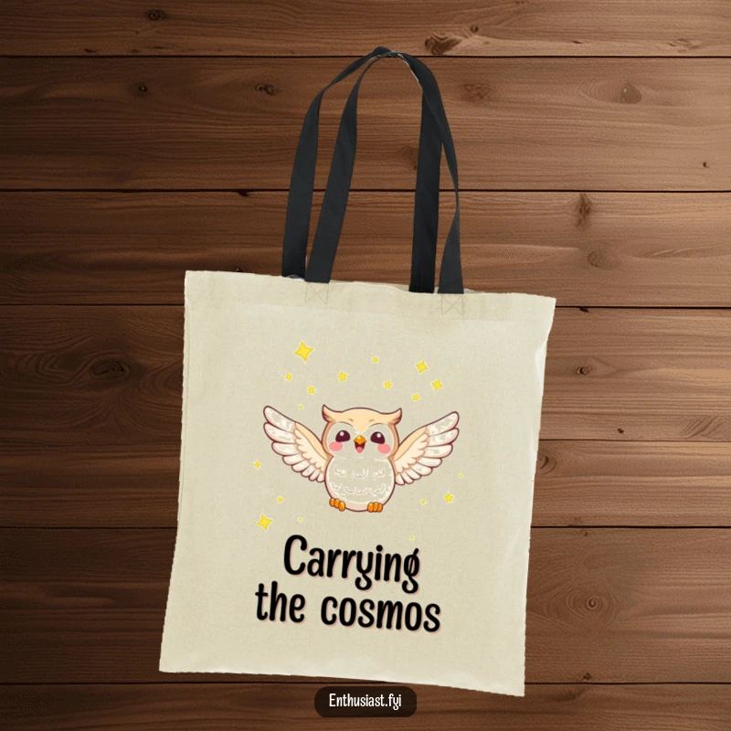 Funny tote bag with a joyful owl character soaring through a starry sky, ideal for carrying essentials with celestial flair.