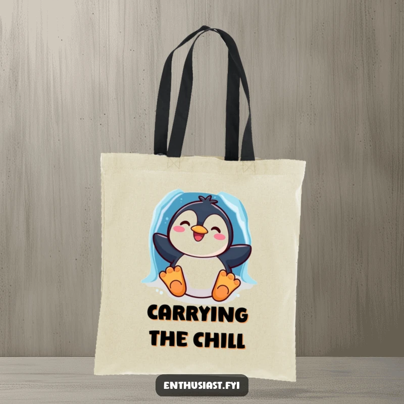 Funny tote bag with a cheerful penguin character sliding down a rainbow-colored ice chute, ideal for winter essentials.