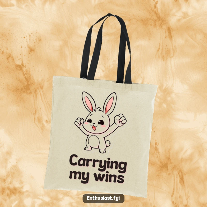 Funny tote bag showcasing a driven rabbit character pumping its fist, representing ambition and a can-do attitude.
