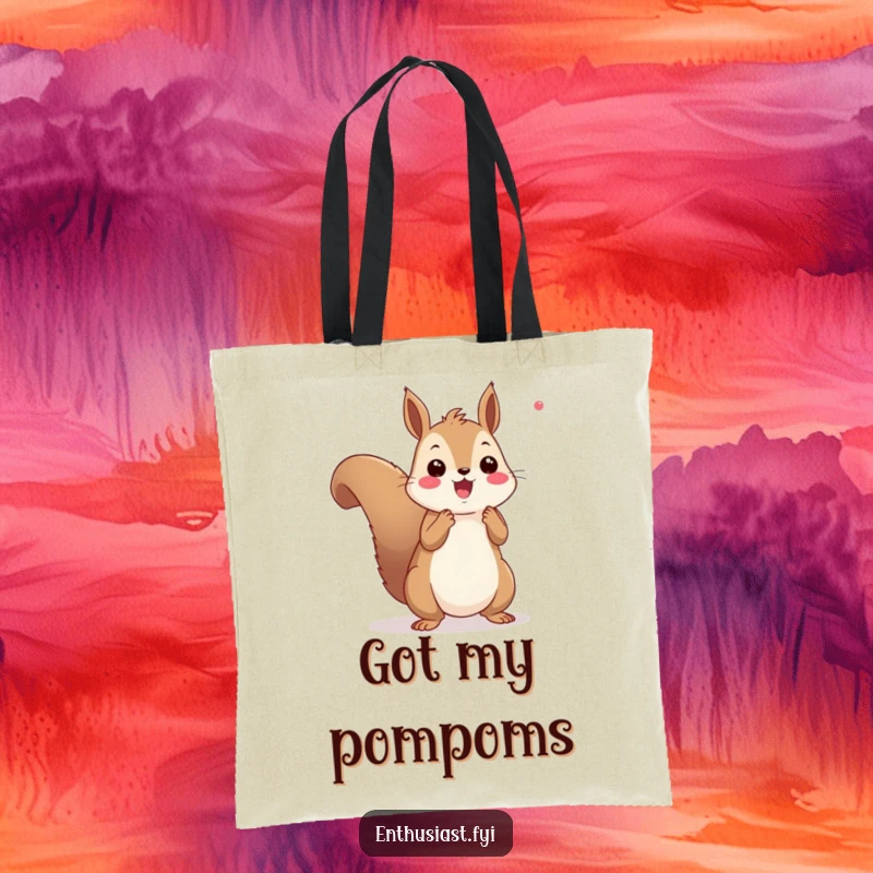 Funny squirrel tote bag showcasing a cheerful squirrel with pom-poms, enthusiastically cheering, ideal for shopping and carrying items with spirit.