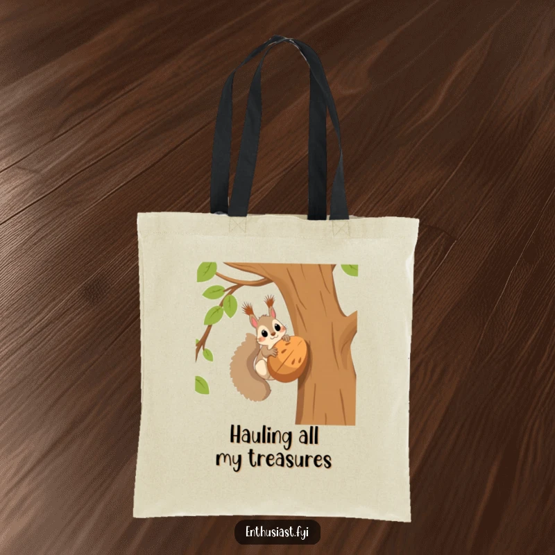 Funny squirrel tote bag depicting a squirrel perched in a tree, thrilled about a giant nut, ready for adventure and shopping.