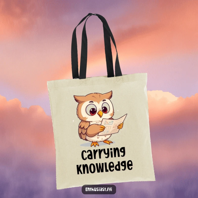 Funny Tote Bag depicting an eager owl with wide eyes studying a complex diagram, a humorous accessory for learners.