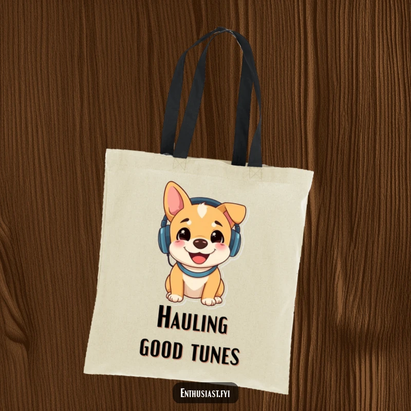 Funny tote bag featuring a happy dog with headphones, fully immersed in listening to music, ideal for carrying daily essentials.